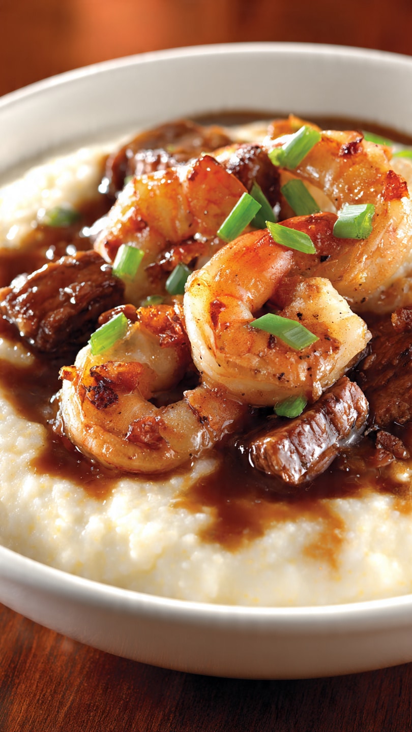 Catfish, Shrimp & Sausage Grits with Creamy Cheddar Grits
