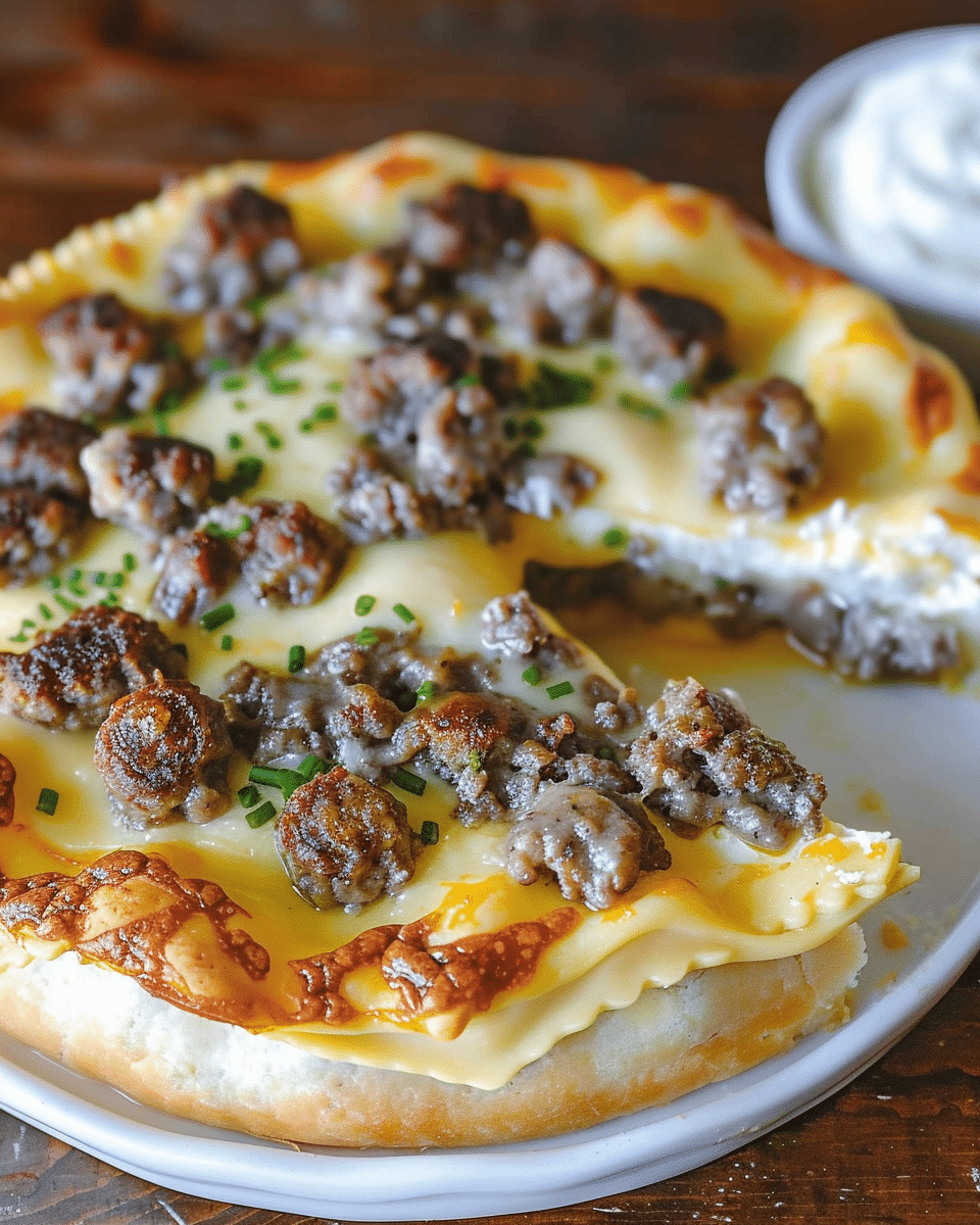 Cheesy Ravioli and Sausage Pie