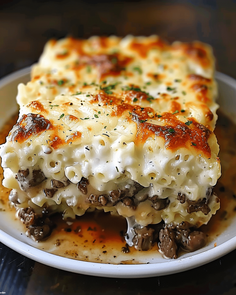 Creamy Beef Alfredo Ziti Casserole