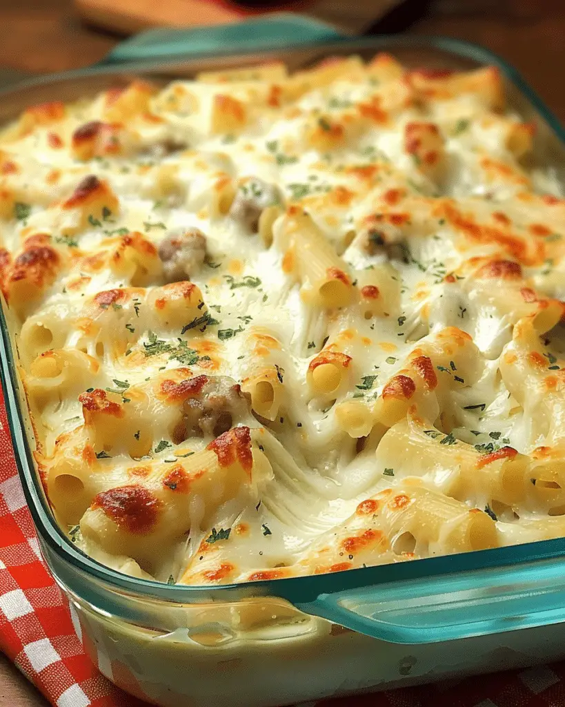 Creamy Beef Alfredo Ziti Casserole
