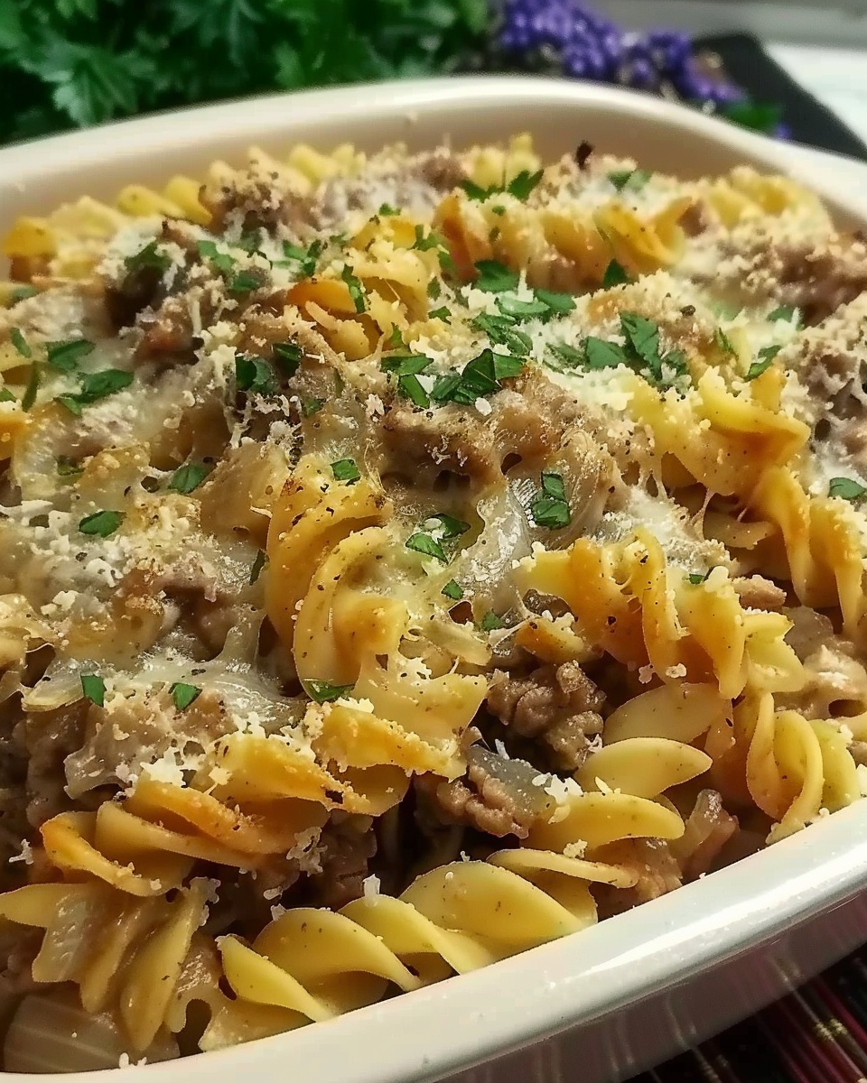 French Onion Beef and Pasta Casserole