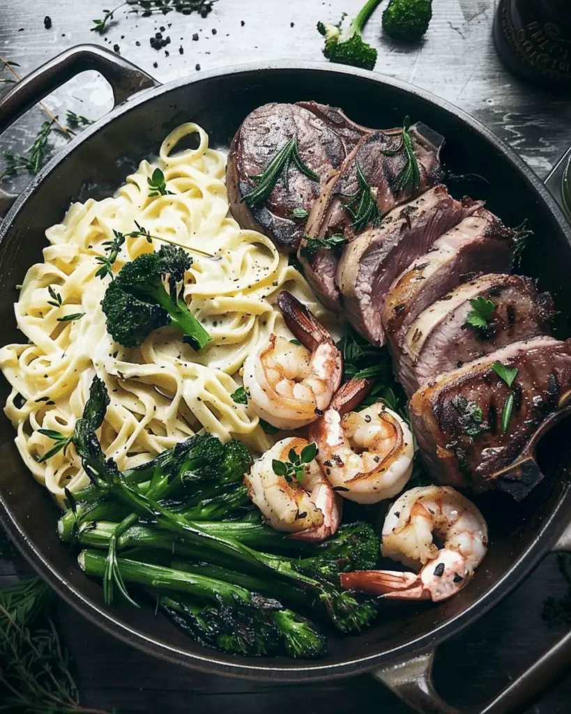 Garlic Lamb Chops, Shrimp Alfredo & Roasted Broccolini