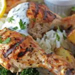 Grilled Lemon Chicken with Creamy Sauce, Rice, Roasted Potatoes & Broccoli