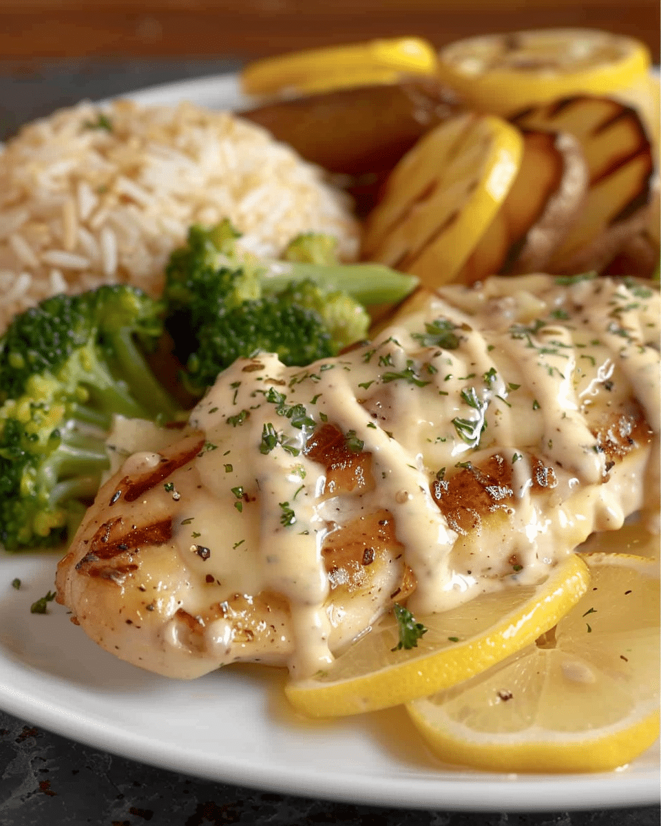 Grilled Lemon Chicken with Creamy Sauce, Rice, Roasted Potatoes & Broccoli