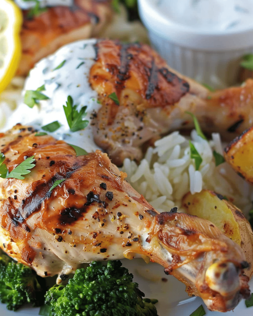 Grilled Lemon Chicken with Creamy Sauce, Rice, Roasted Potatoes & Broccoli