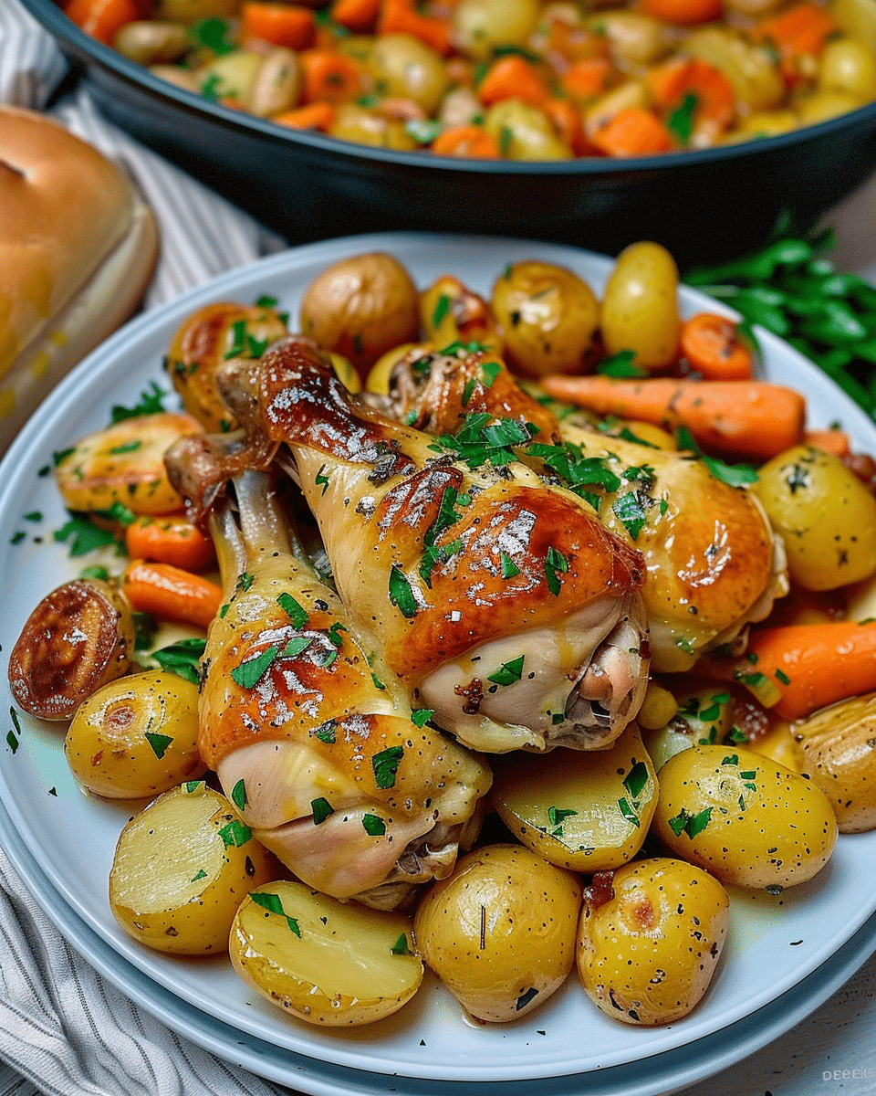 Honey-Glazed Drumsticks with Garlic Butter Veggies and Soft Roll