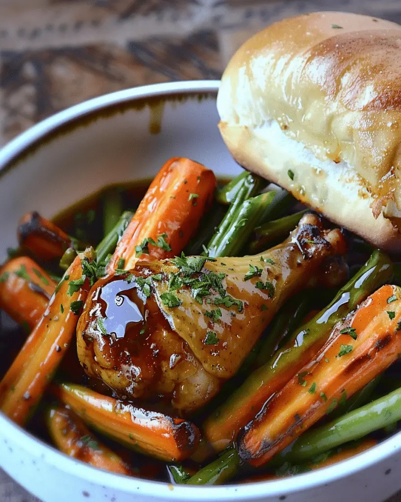 Honey-Glazed Drumsticks with Garlic Butter Veggies and Soft Roll