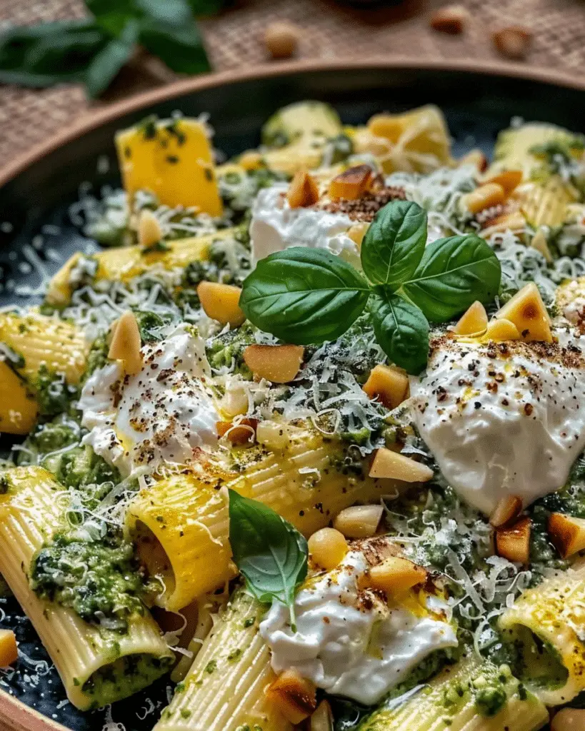 Lemon Pesto Rigatoni with Burrata and Roasted Pine Nuts