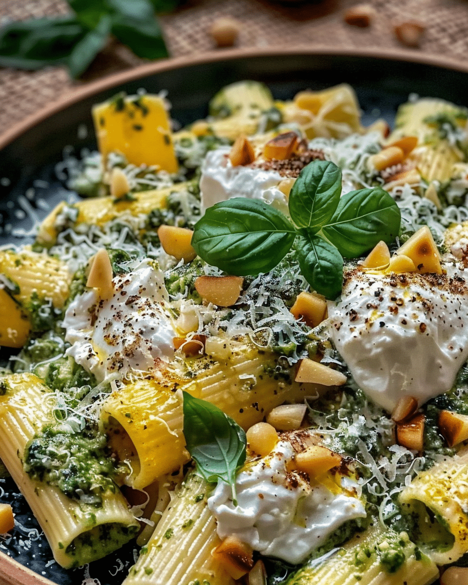Lemon Pesto Rigatoni with Burrata and Roasted Pine Nuts