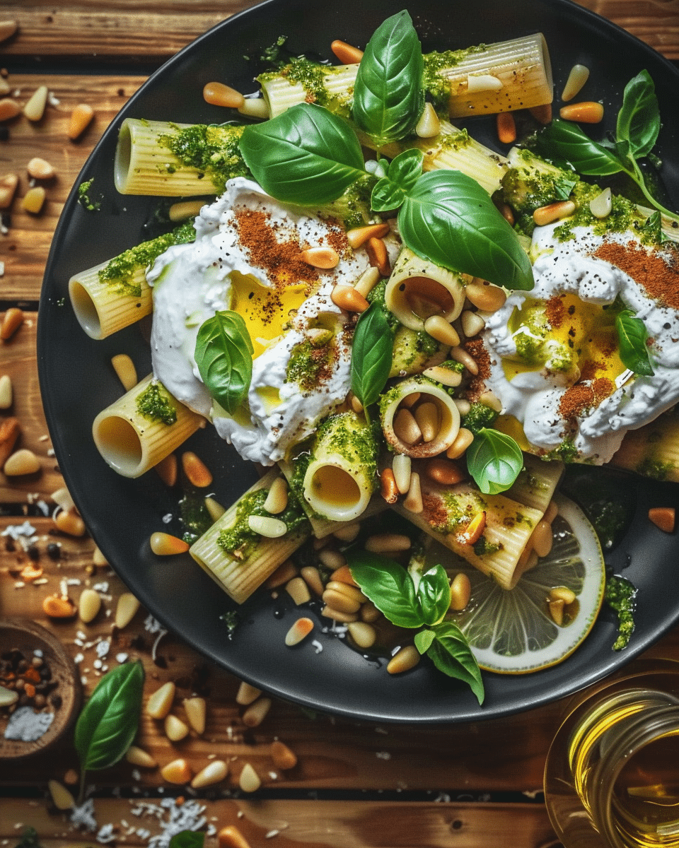Lemon Pesto Rigatoni with Burrata and Roasted Pine Nuts