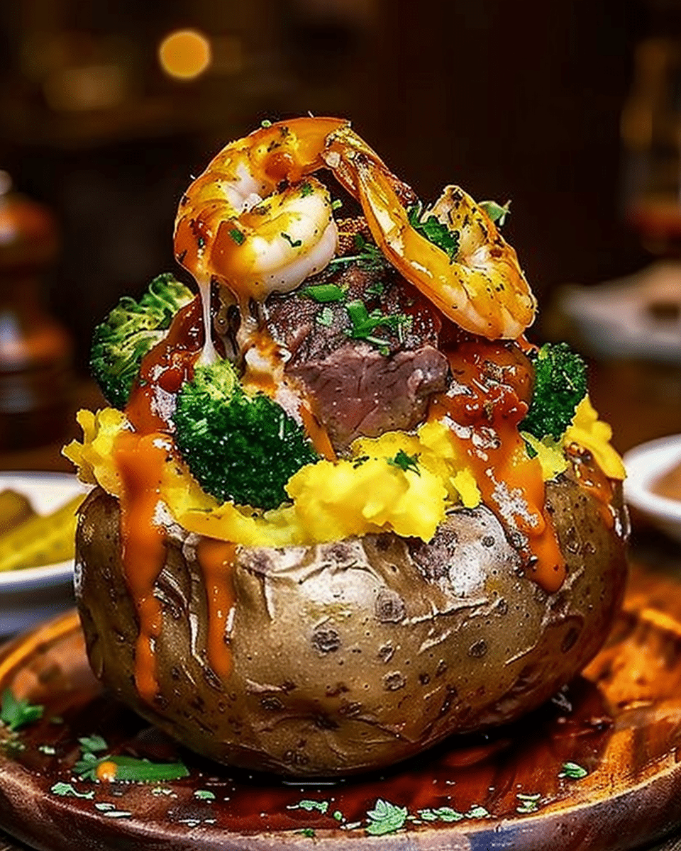 Loaded Baked Potato with Steak, Shrimp & Broccoli