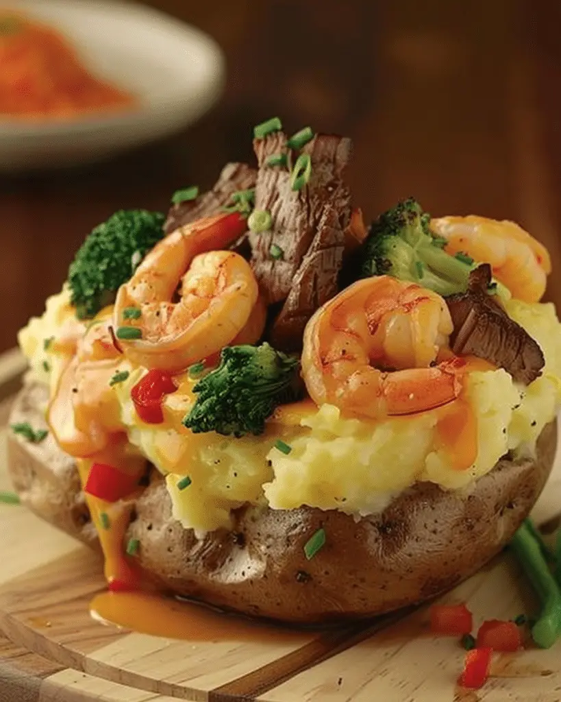 Loaded Baked Potato with Steak, Shrimp & Broccoli