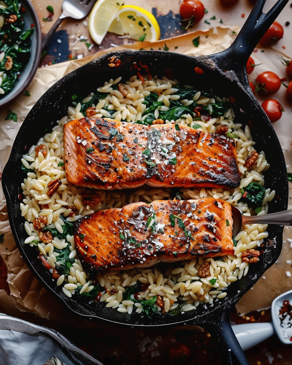 One Skillet Salmon with Lemon Orzo