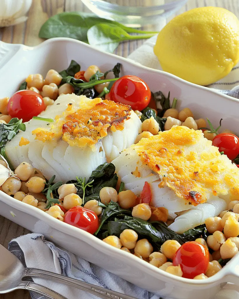 Oven Baked Fish with Chickpeas, Spinach and Tomatoes