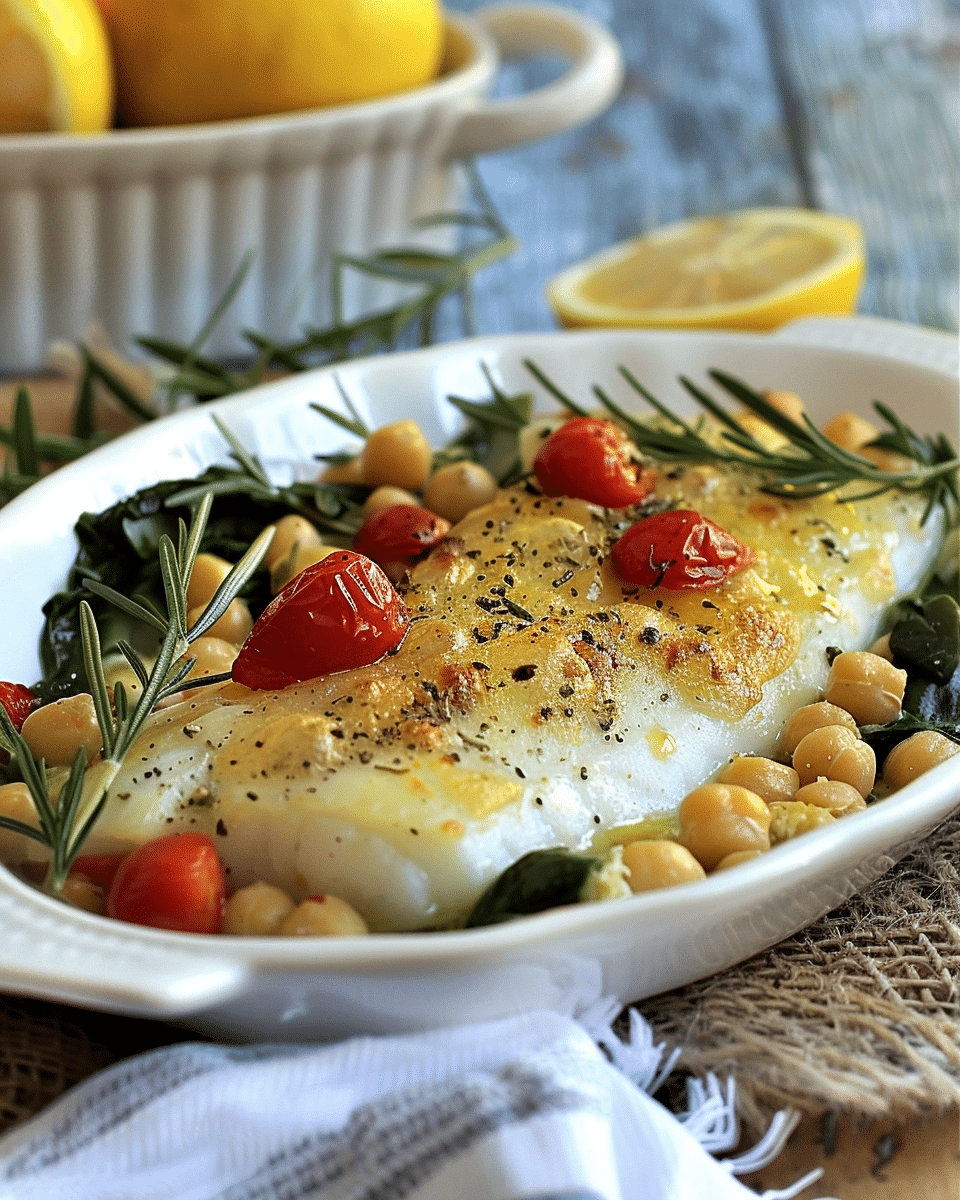 Oven Baked Fish with Chickpeas, Spinach and Tomatoes