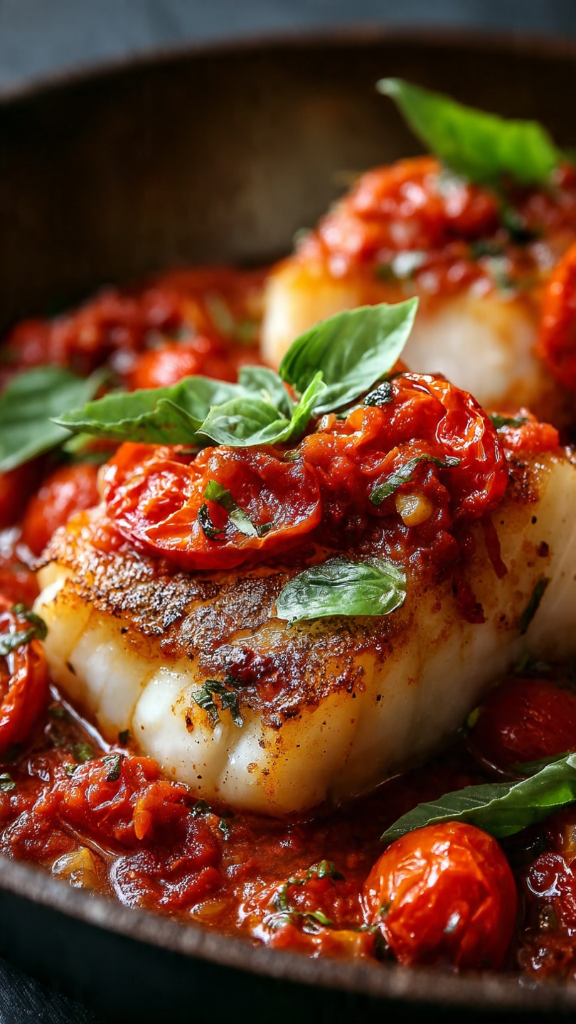Pan-Seared Mediterranean Cod in Tomato Basil Sauce