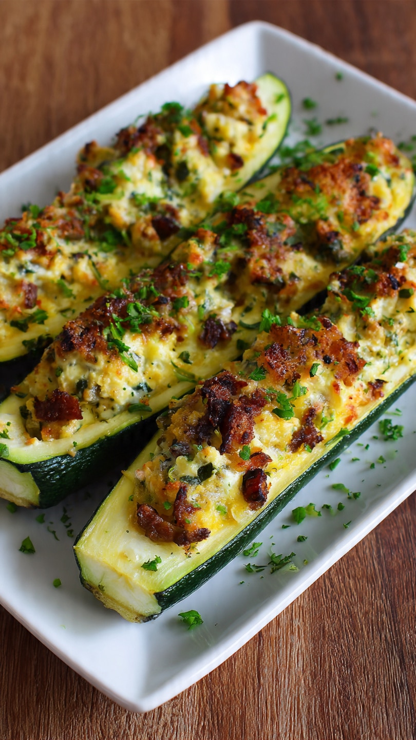 Spinach, Mushroom & Ricotta Stuffed Zucchini Boats