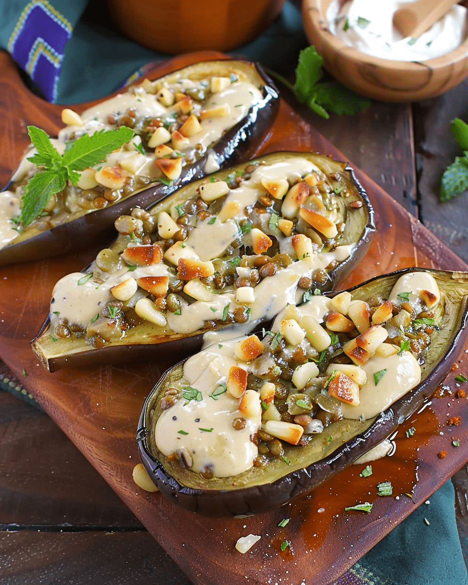 Roasted Eggplant With Tahini, Pine Nuts, and Lentils