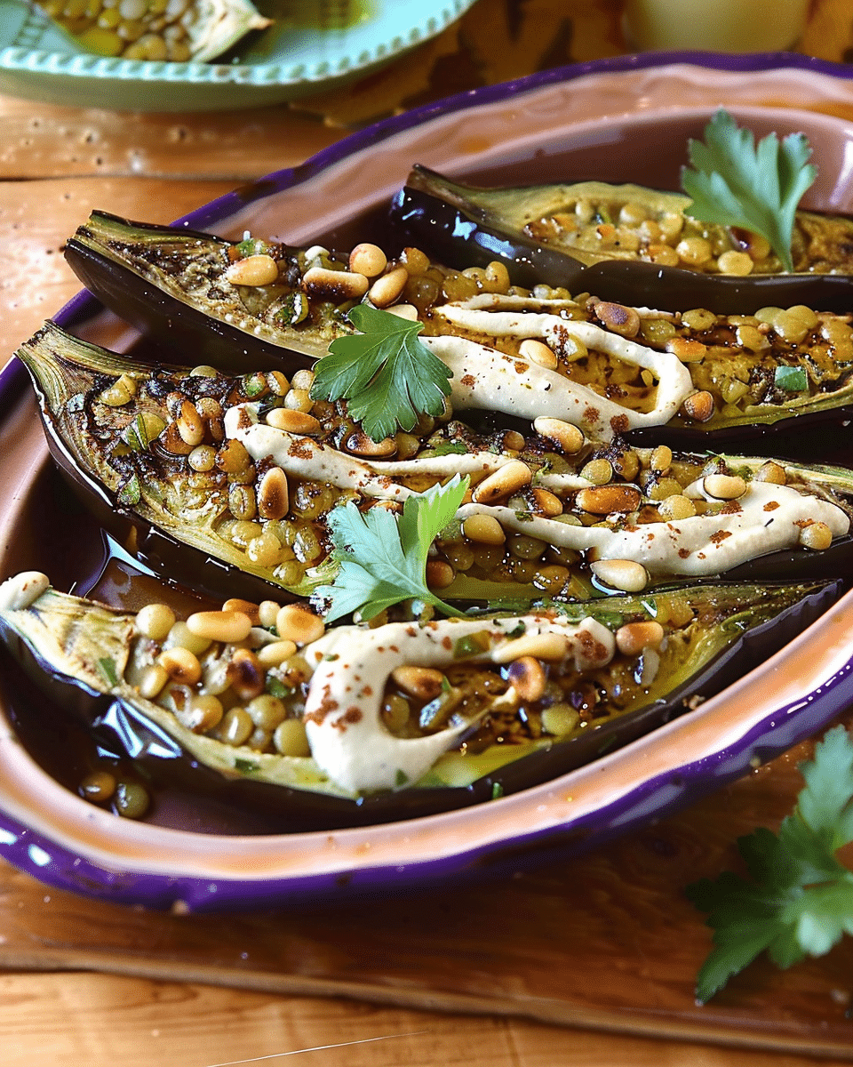 Roasted Eggplant With Tahini, Pine Nuts, and Lentils