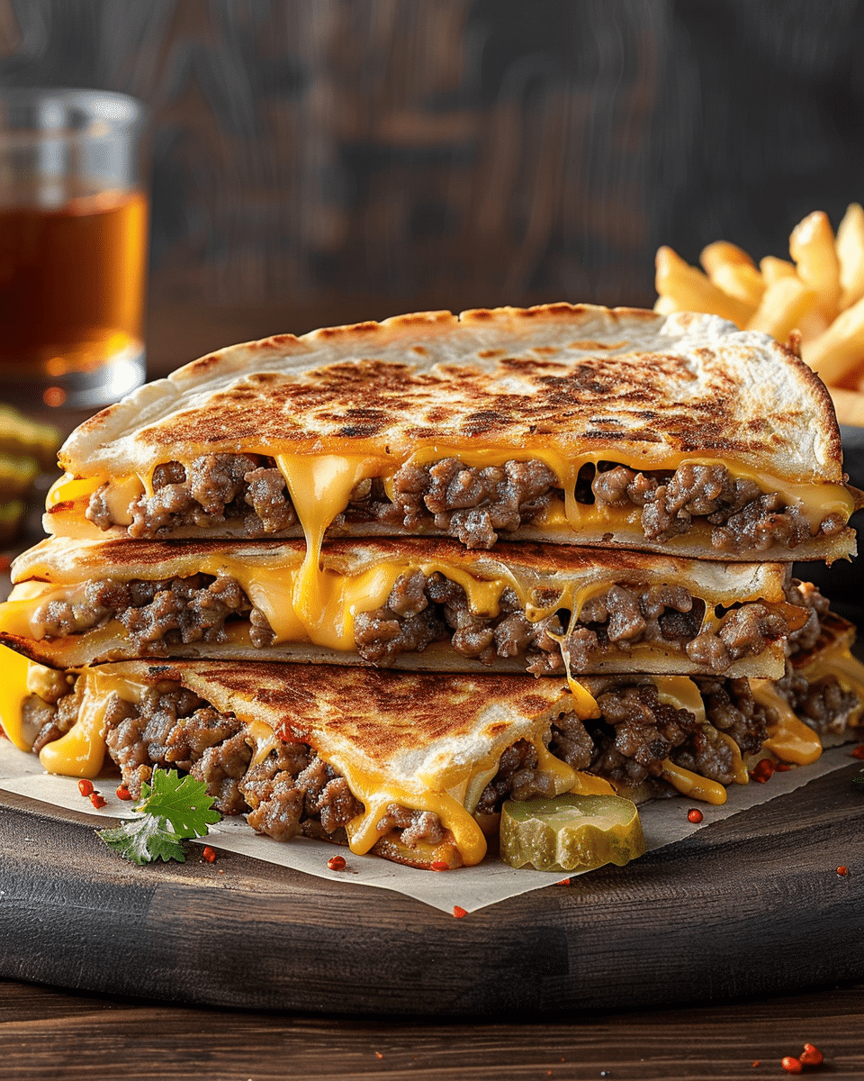 Smashburger Quesadillas with Melted Cheese and Crispy Tortillas