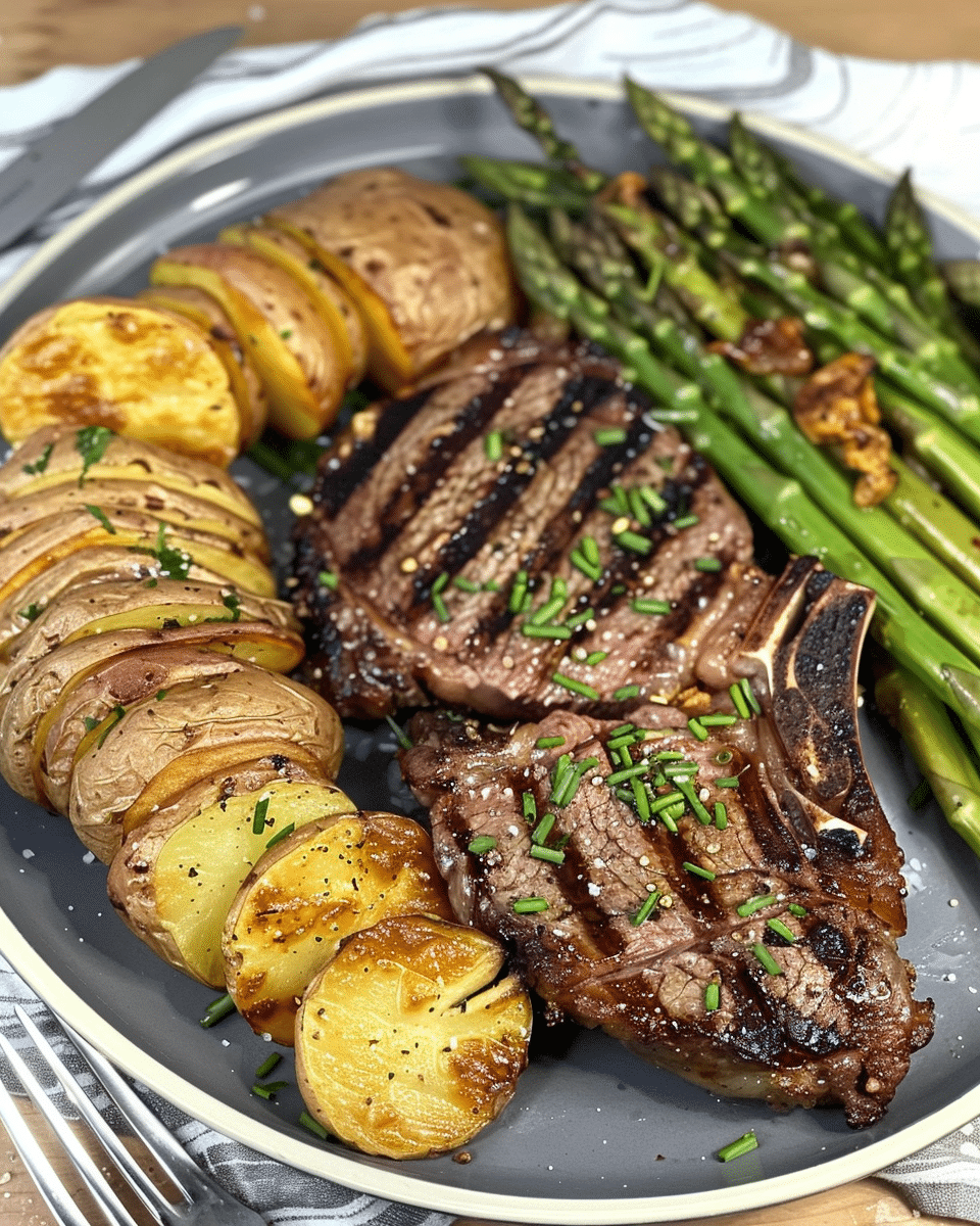 Smoked Ribeye with Loaded Potato and Asparagus