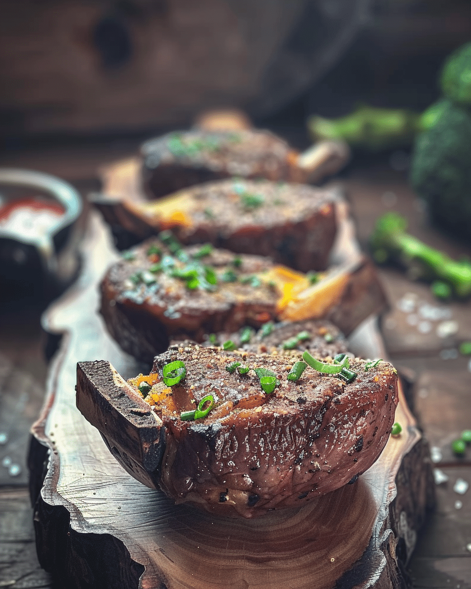 Smoked Tomahawk Steak Board with Spicy Loaded Baked Potatoes & Broccolini