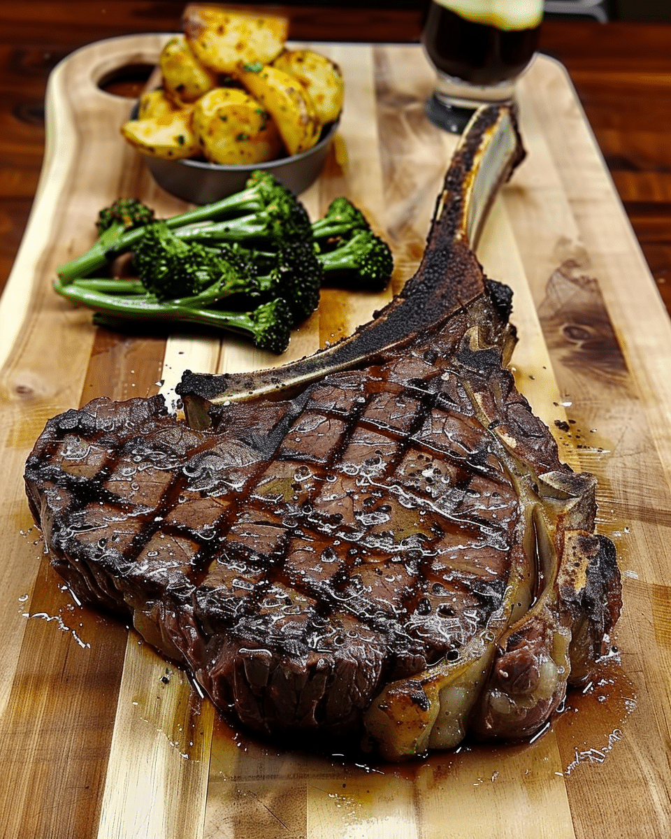 Smoked Tomahawk Steak Board with Spicy Loaded Baked Potatoes & Broccolini