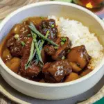 Sticky Sweet & Sour Tamarind Beef with Garlic Rice & Asian Greens