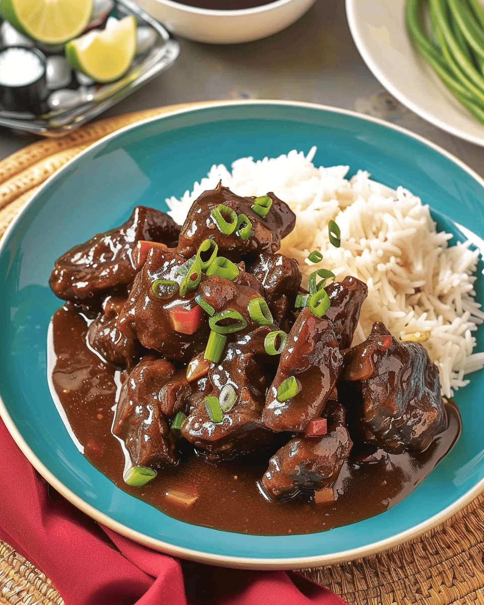 Sticky Sweet & Sour Tamarind Beef with Garlic Rice & Asian Greens