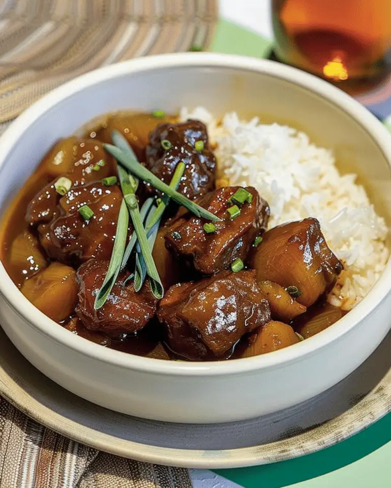 Sticky Sweet & Sour Tamarind Beef with Garlic Rice & Asian Greens