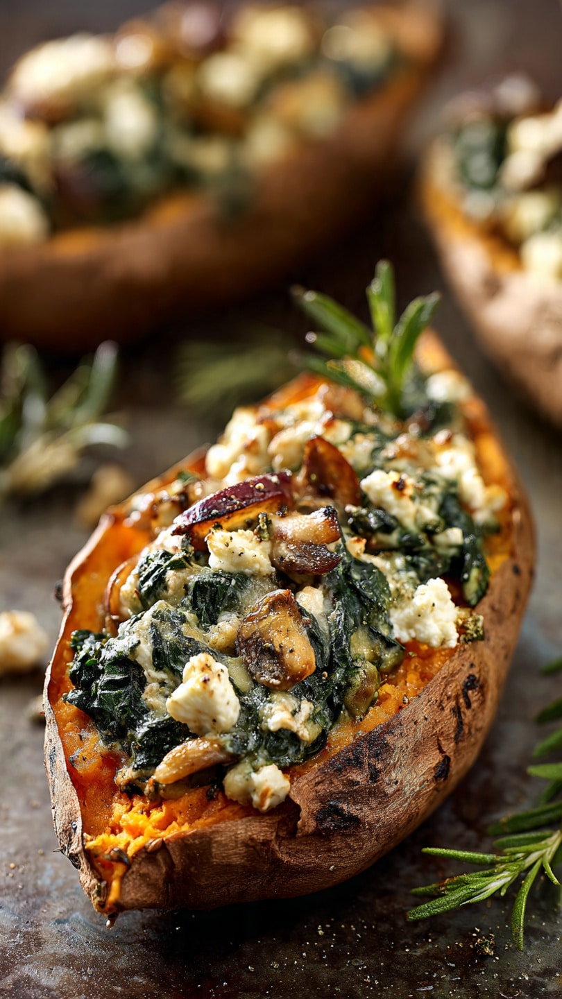 Stuffed Sweet Potatoes with Spinach, Mushroom, Feta & Rosemary