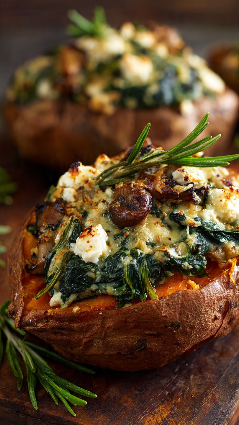 Stuffed Sweet Potatoes with Spinach, Mushroom, Feta & Rosemary