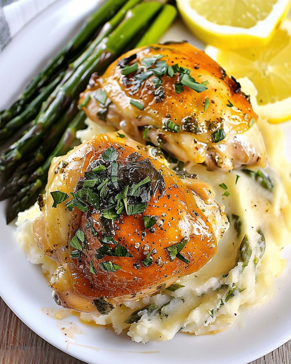 Marry Me Chicken Thighs with Mashed Potatoes and Asparagus