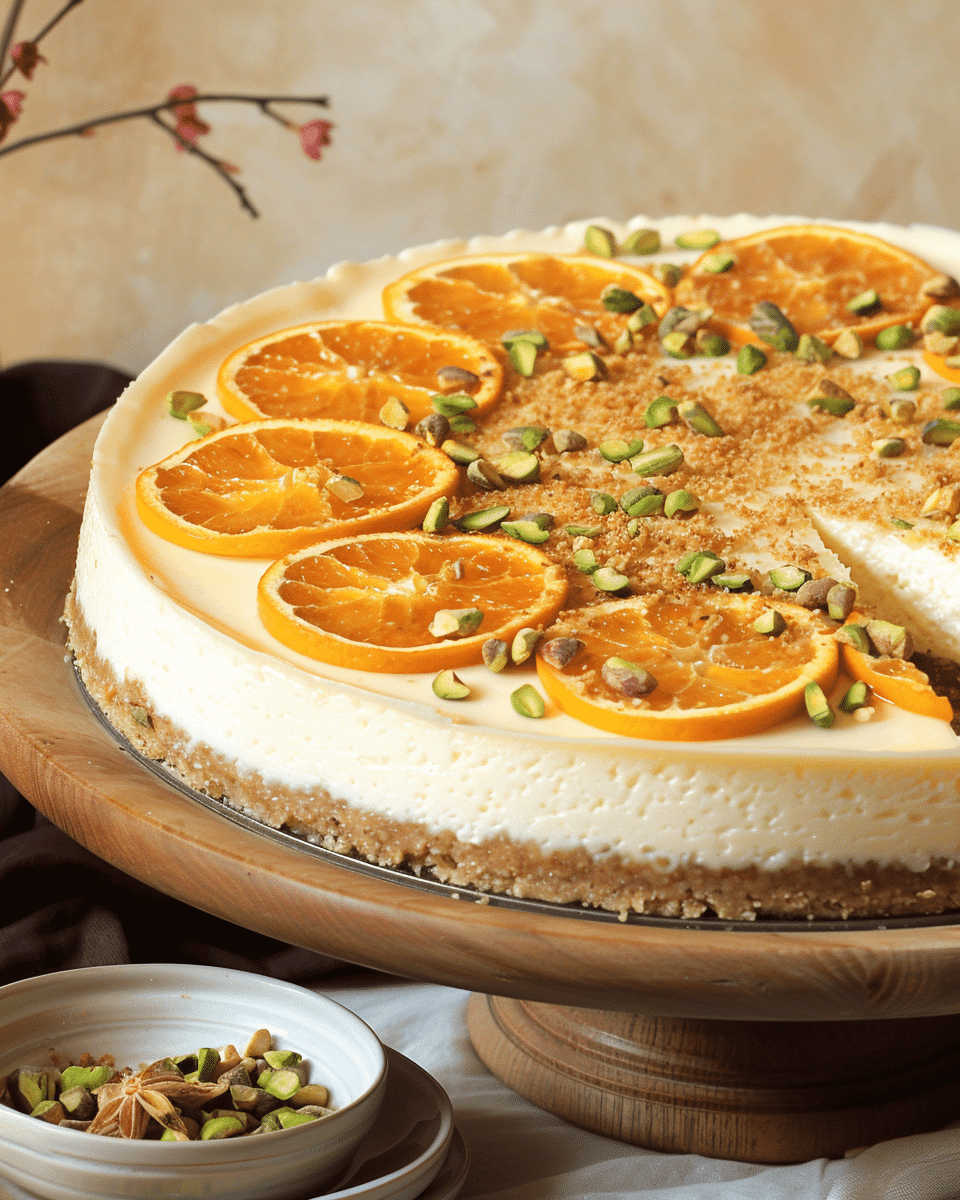Burnt Honey and Yogurt Cheesecake with Vanilla, Orange, and Pistachios