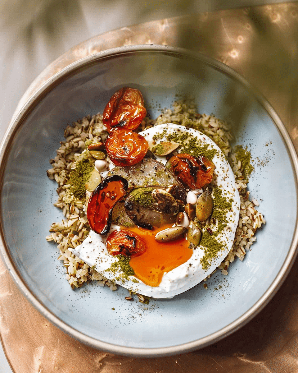 Freekeh Pilaf with Mango Halloumi and Balsamic Charred Peppers