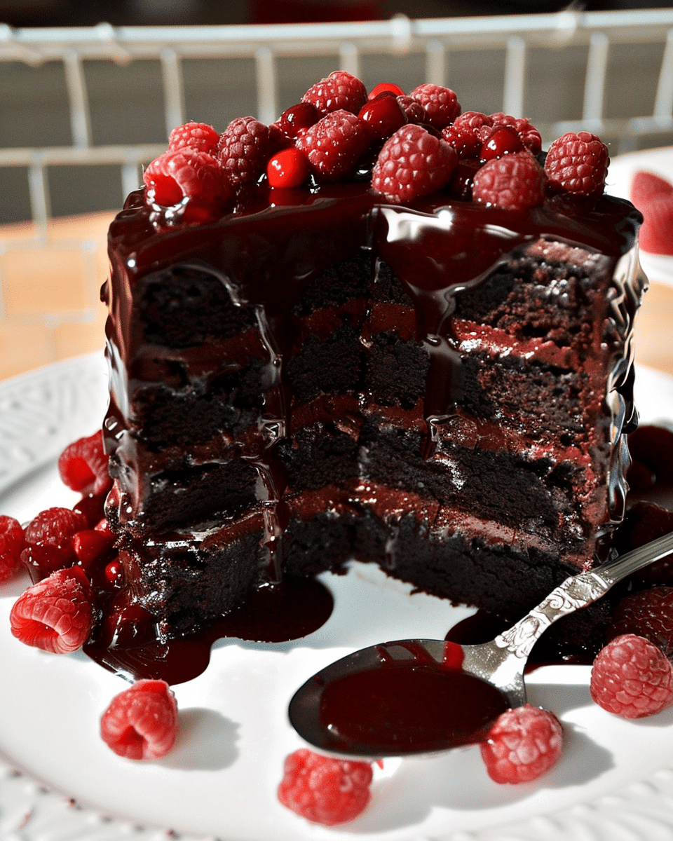 Jeremiah’s Two Tier Mirror Glaze Chocolate Cake (With Raspberry Coulis)