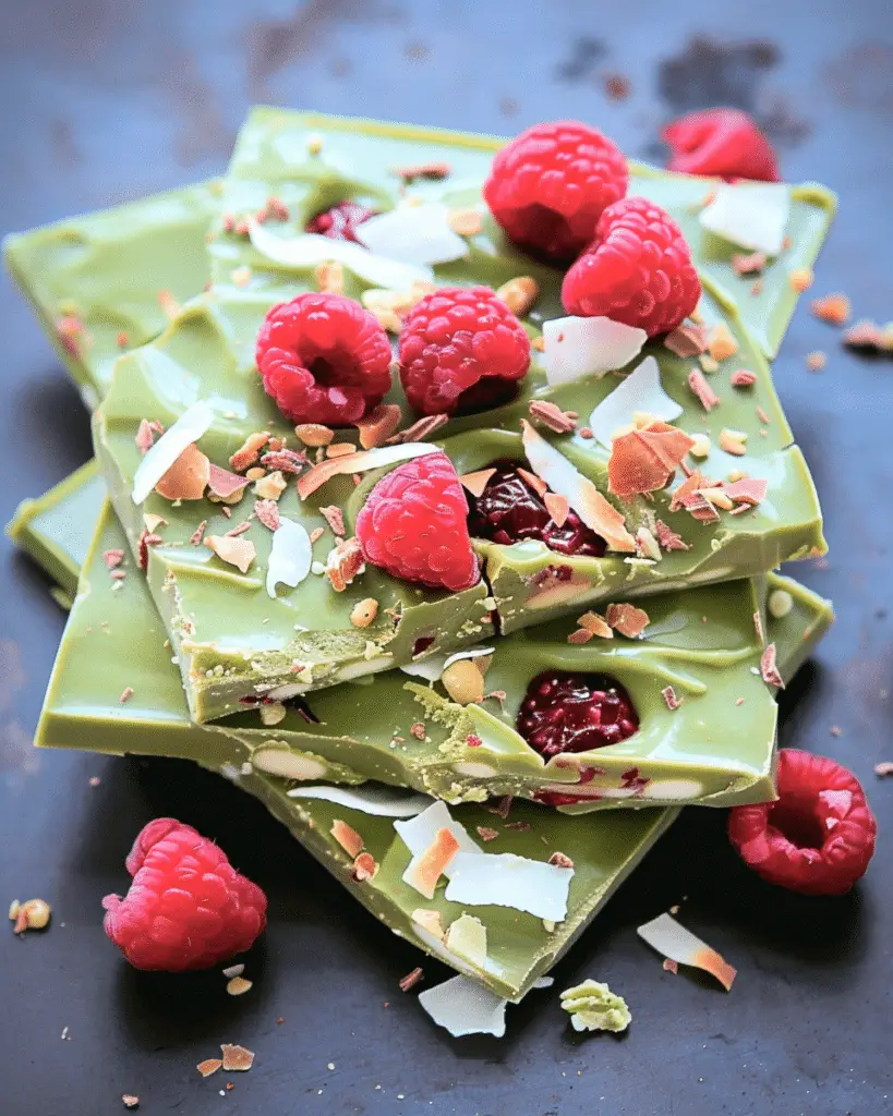 Matcha White Chocolate Bark with Coconut and Raspberries