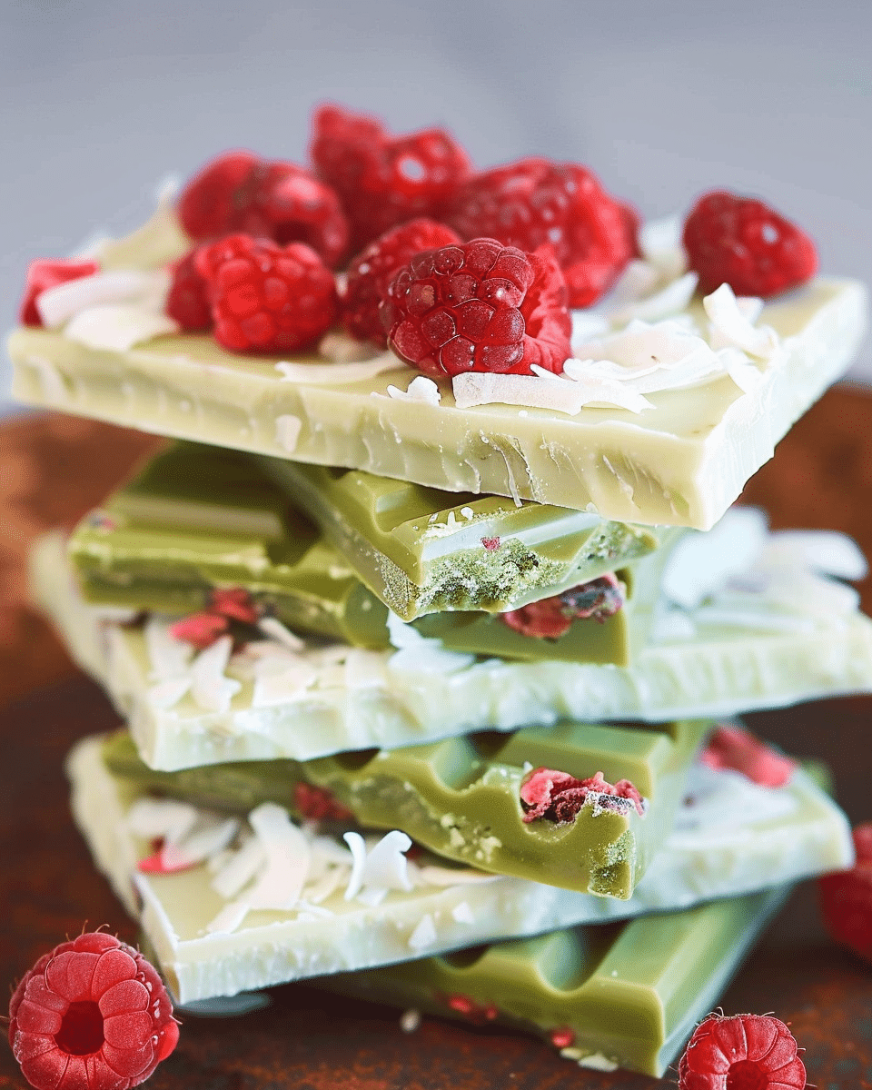 Matcha White Chocolate Bark with Coconut and Raspberries