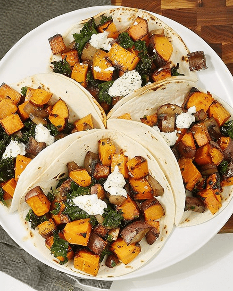 Roasted Sweet Potato & Mushroom Tacos with Coconut Lime Crema
