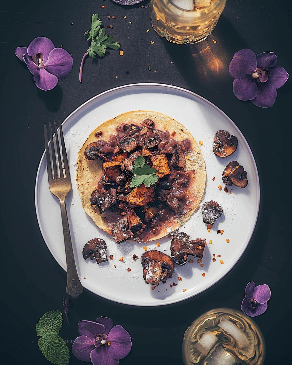 Roasted Sweet Potato & Mushroom Tacos with Coconut Lime Crema