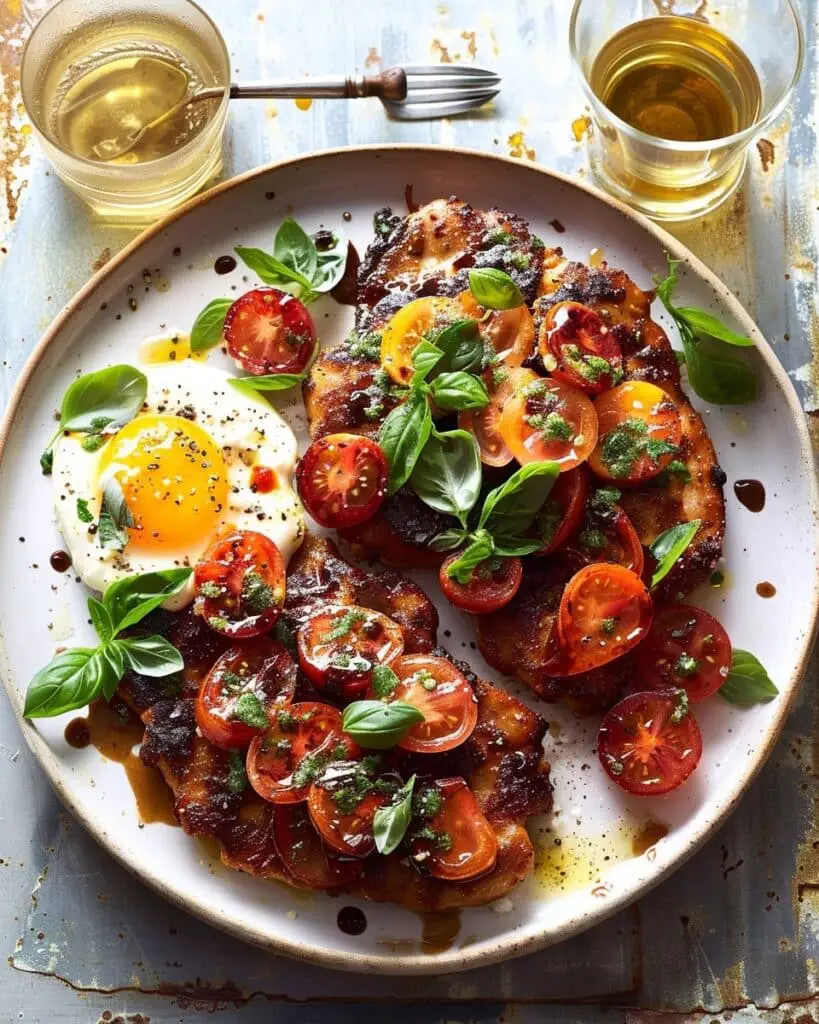 Basil Chicken Saltimbocca with Marinated Tomatoes and Burrata
