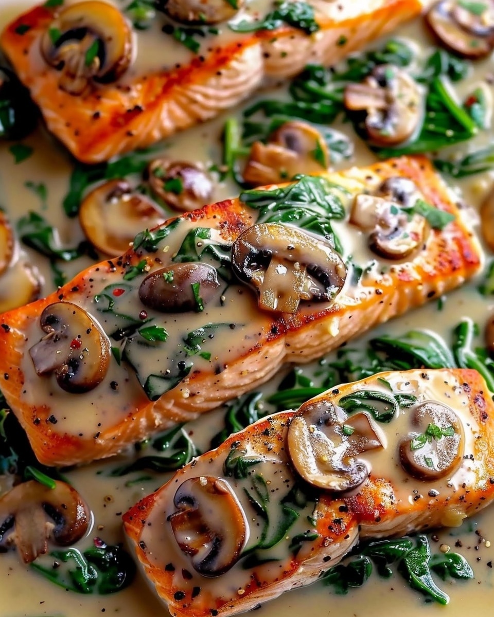 Garlic Butter Salmon with Spinach and Mushrooms in Creamy Sauce