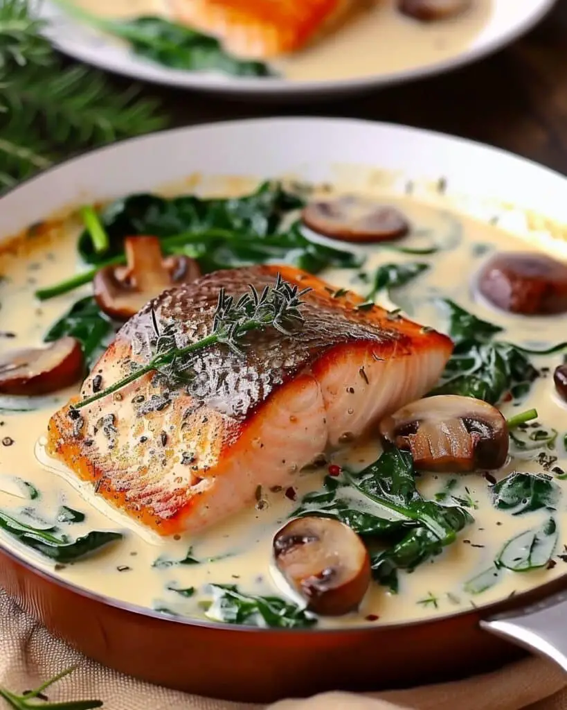 Garlic Butter Salmon with Spinach and Mushrooms in Creamy Sauce
