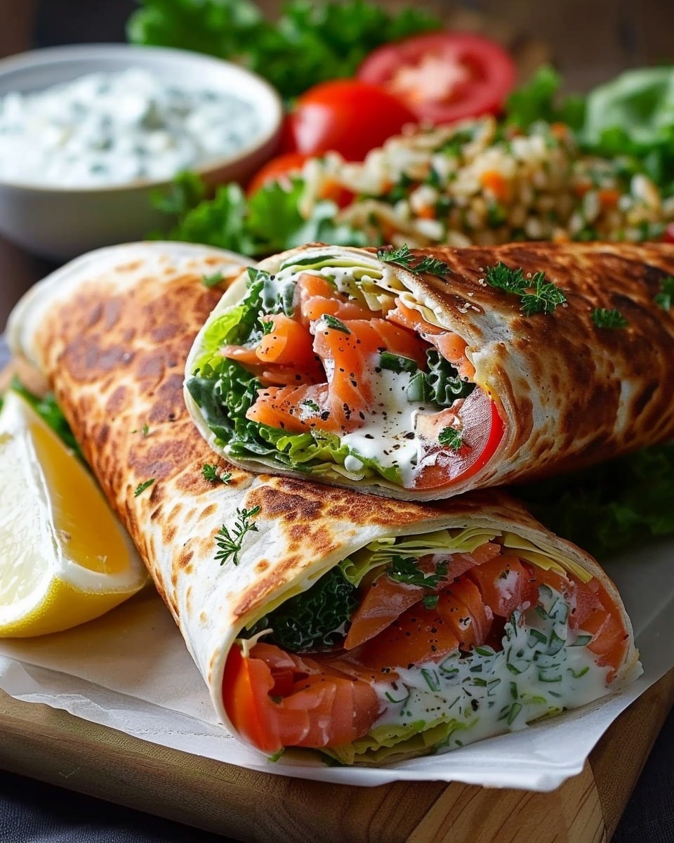 Greek Salmon Wraps with Garlic Yogurt Sauce