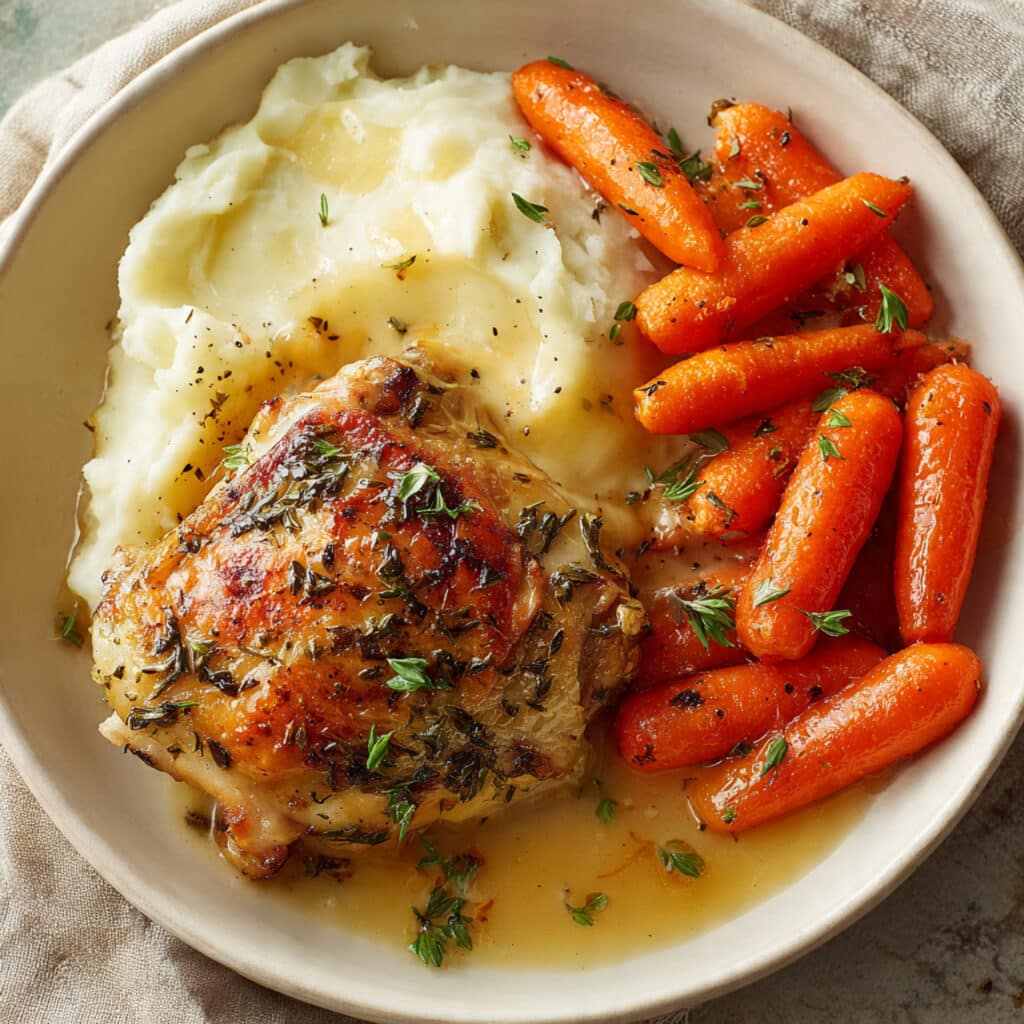 Herb-Roasted Chicken Thighs with Gravy, Mashed Potatoes & Glazed Carrots