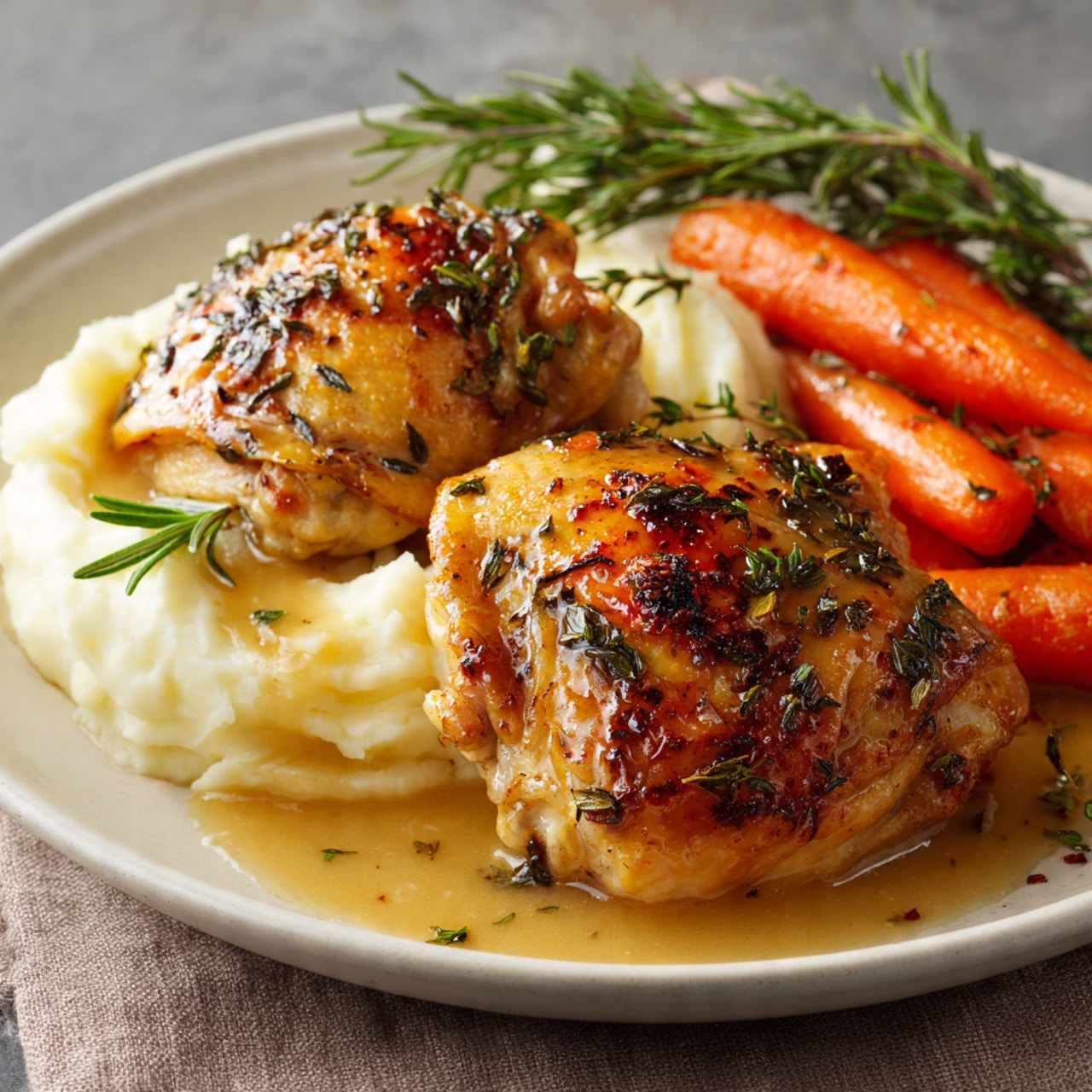 Herb-Roasted Chicken Thighs with Gravy, Mashed Potatoes & Glazed Carrots