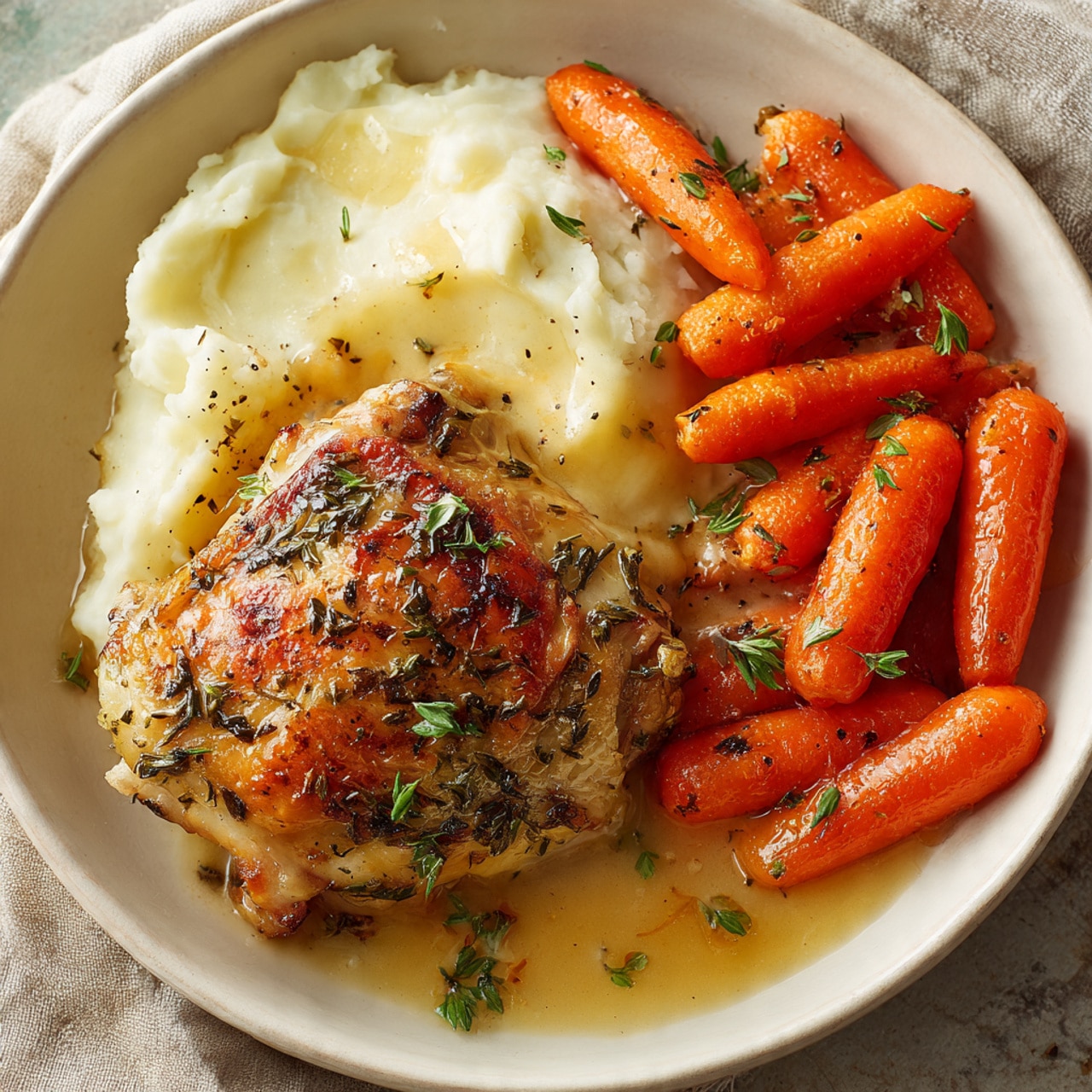 Herb-Roasted Chicken Thighs with Gravy, Mashed Potatoes & Glazed Carrots