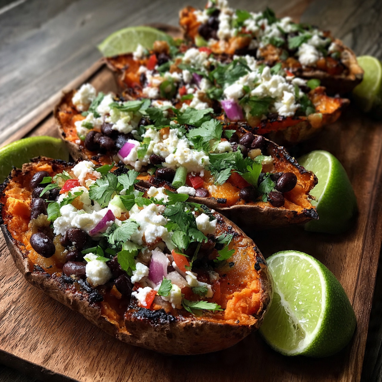 Loaded Sweet Potato Skins with Black Beans, Feta & Lime Crema