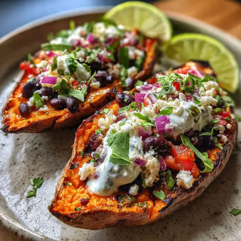 Loaded Sweet Potato Skins with Black Beans, Feta & Lime Crema