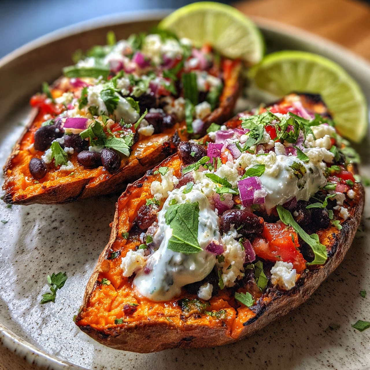 Loaded Sweet Potato Skins with Black Beans, Feta & Lime Crema